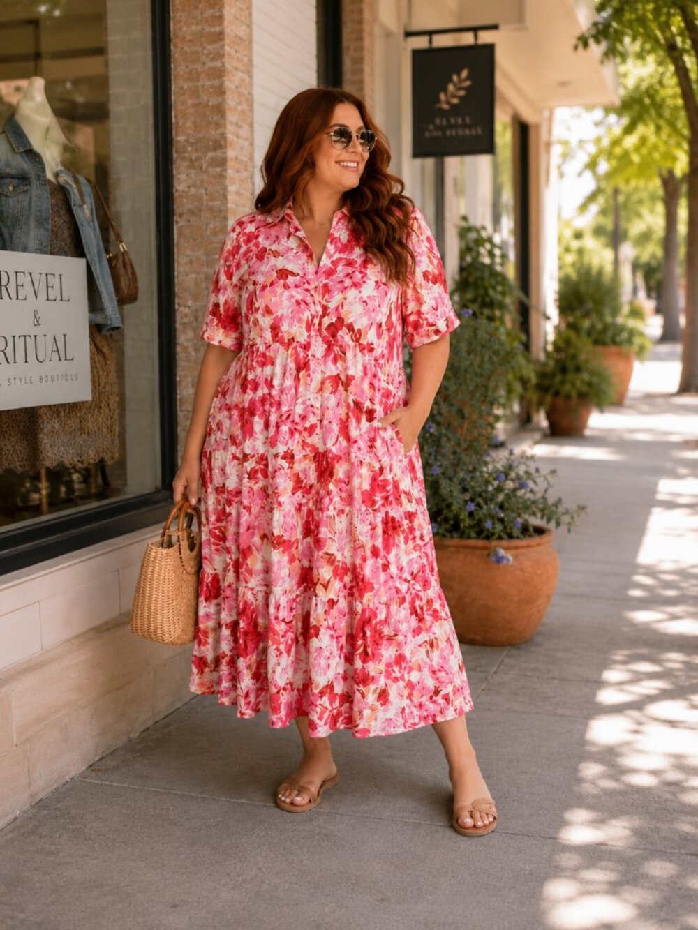 Pink Floral Tiered Midi Shirt Dress with Pockets Women’s 2XL